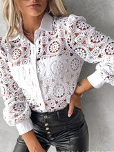 Lace Blouses For Women Elegant Office White Shirt Long Sleeve Button Turn-down Collar Sexy Hollow Tops Fashion Women's Clothing